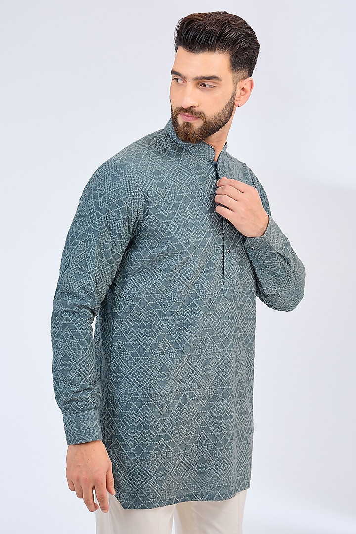 Blue-Grey Silk Chikankari Embroidered Short Kurta by Kasbah Clothing at Pernia's Pop Up Shop