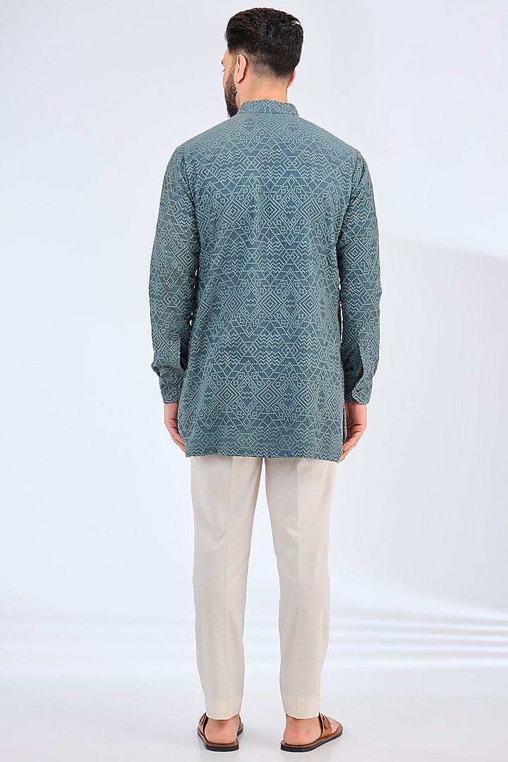 Blue-Grey Silk Chikankari Embroidered Short Kurta by Kasbah Clothing at Pernia's Pop Up Shop
