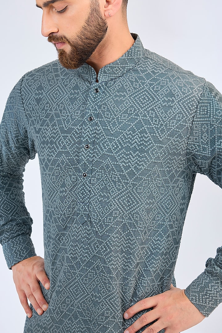 Blue-Grey Silk Chikankari Embroidered Short Kurta by Kasbah Clothing at Pernia's Pop Up Shop