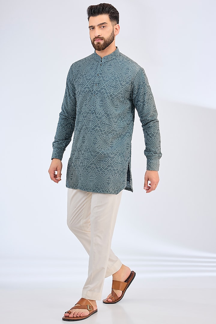 Blue-Grey Silk Chikankari Embroidered Short Kurta by Kasbah Clothing at Pernia's Pop Up Shop