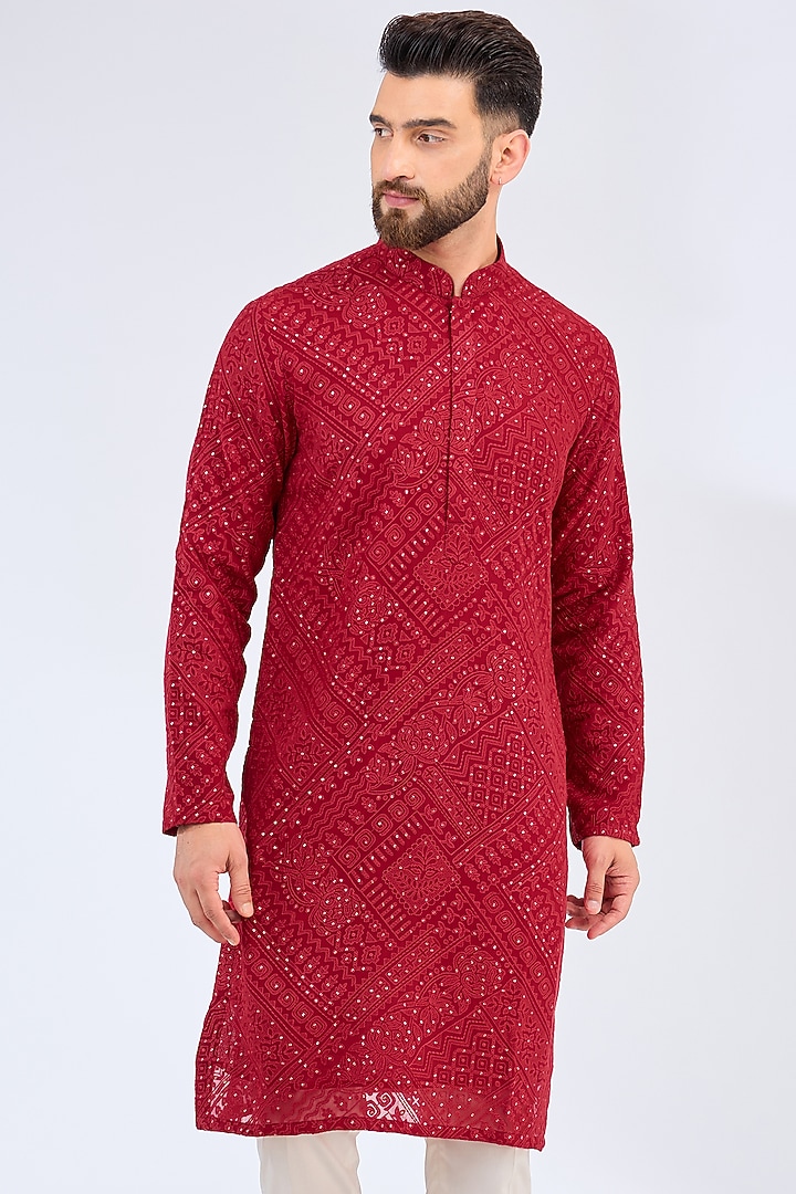 Red Georgette Chikankari Embroidered Kurta by Kasbah Clothing at Pernia's Pop Up Shop