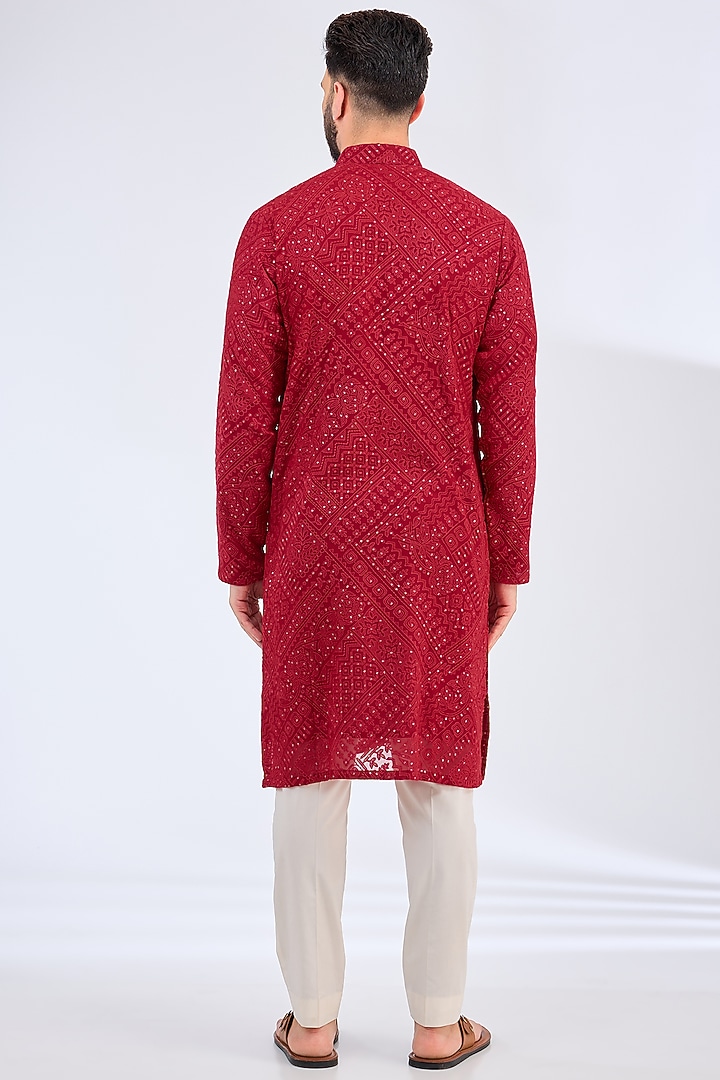 Red Georgette Chikankari Embroidered Kurta by Kasbah Clothing at Pernia's Pop Up Shop