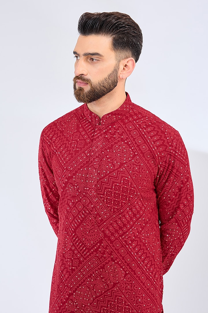 Red Georgette Chikankari Embroidered Kurta by Kasbah Clothing at Pernia's Pop Up Shop