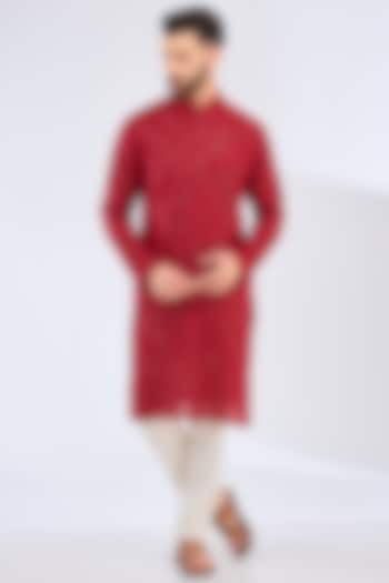 Red Georgette Chikankari Embroidered Kurta by Kasbah Clothing