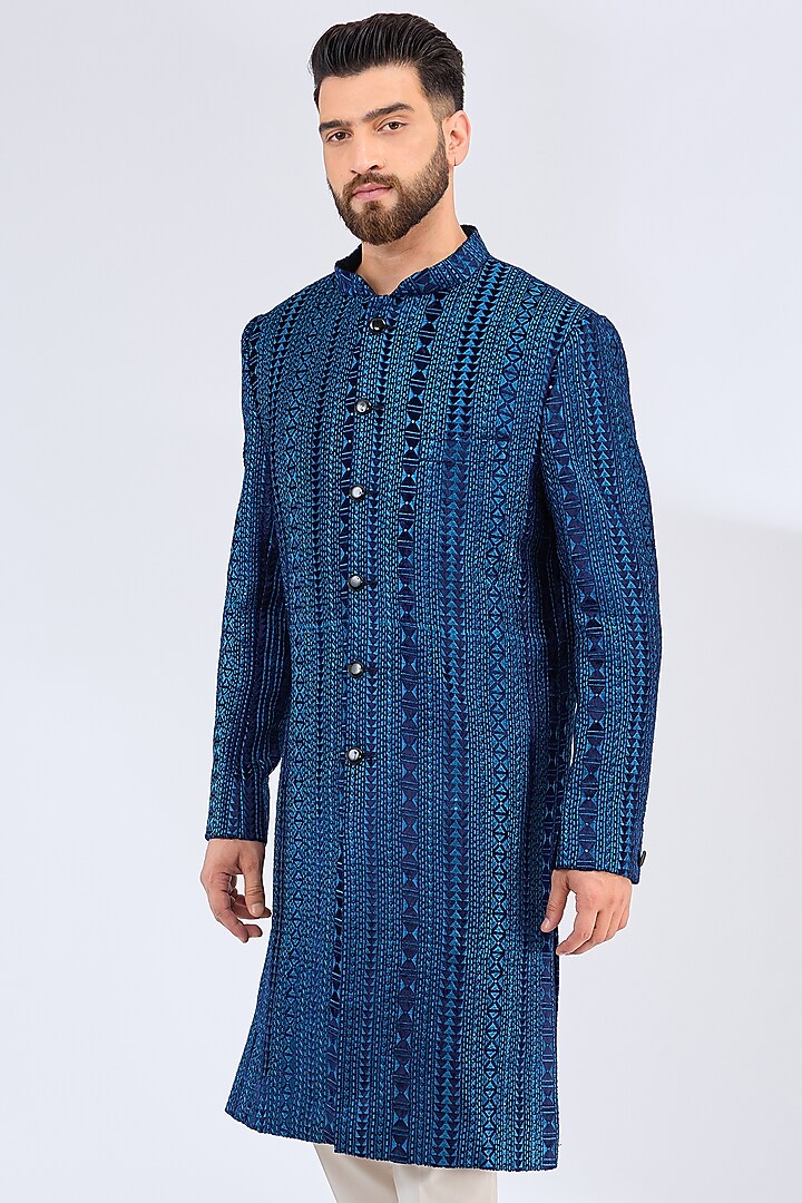 Blue Velvet Sequins Embellished Wedding Sherwani by Kasbah Clothing at Pernia's Pop Up Shop