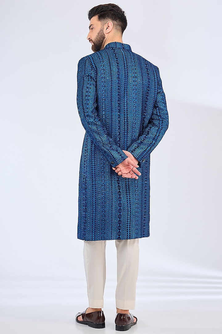 Blue Velvet Sequins Embellished Wedding Sherwani by Kasbah Clothing at Pernia's Pop Up Shop