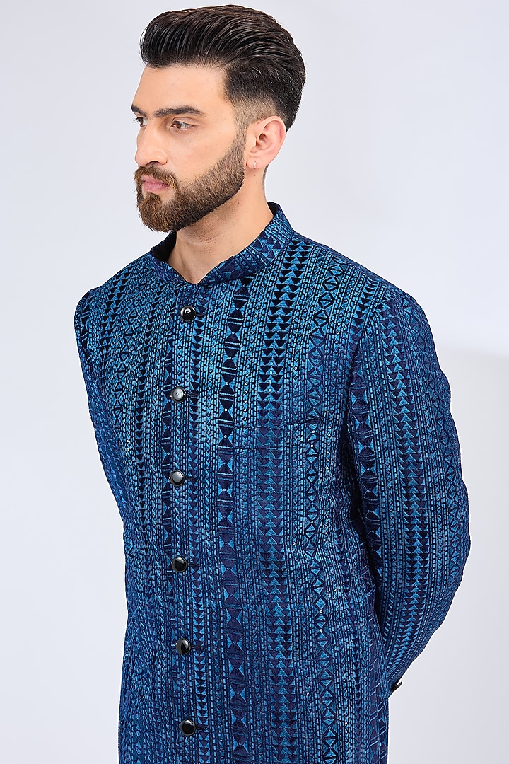 Blue Velvet Sequins Embellished Wedding Sherwani by Kasbah Clothing at Pernia's Pop Up Shop