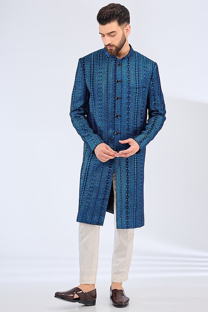 Blue Velvet Sequins Embellished Wedding Sherwani by Kasbah Clothing at Pernia's Pop Up Shop