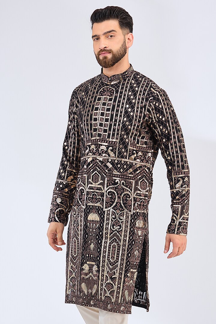 Black Georgette Leather Patchwork Kurta by Kasbah Clothing at Pernia's Pop Up Shop