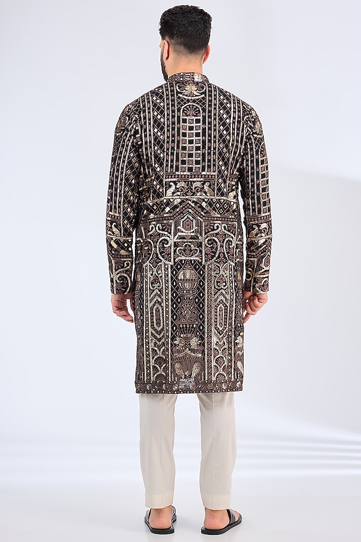 Black Georgette Leather Patchwork Kurta by Kasbah Clothing at Pernia's Pop Up Shop