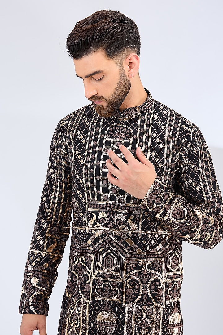 Black Georgette Leather Patchwork Kurta by Kasbah Clothing at Pernia's Pop Up Shop