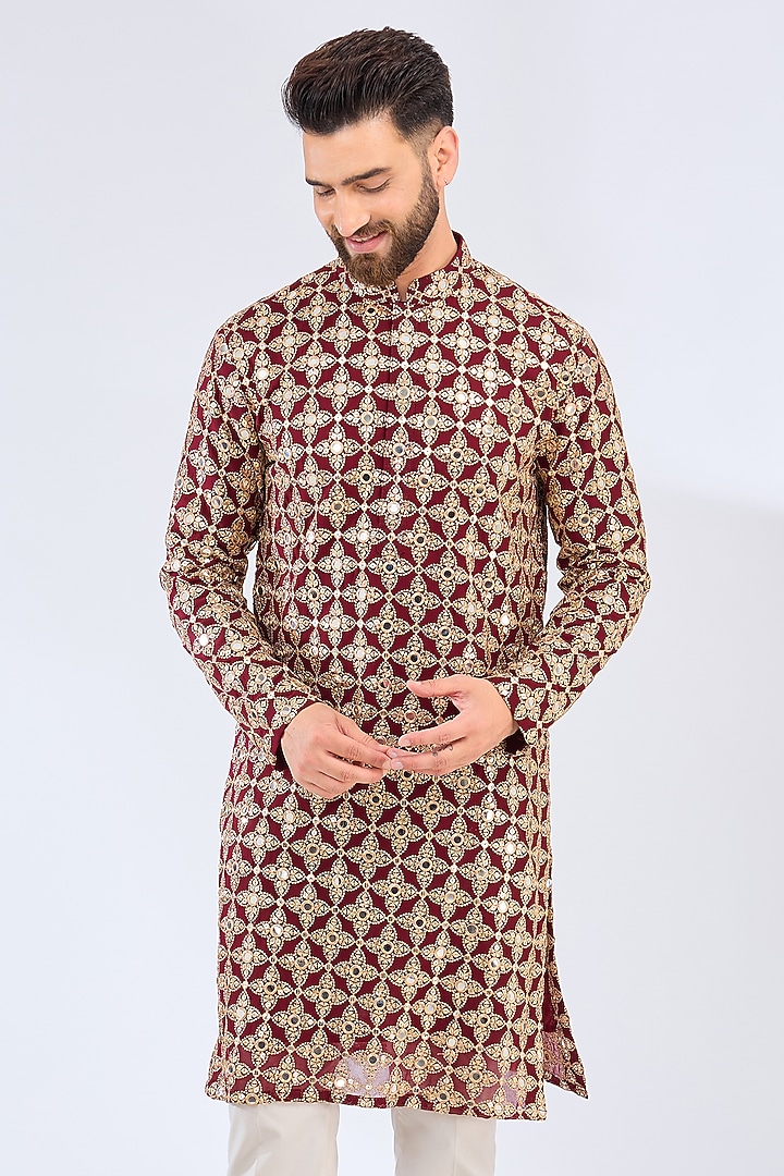 Maroon Georgette Mirror Embroidered Kurta by Kasbah Clothing at Pernia's Pop Up Shop