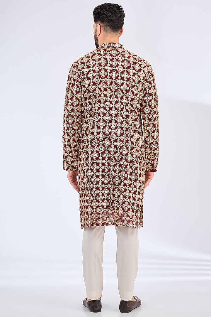 Maroon Georgette Mirror Embroidered Kurta by Kasbah Clothing at Pernia's Pop Up Shop