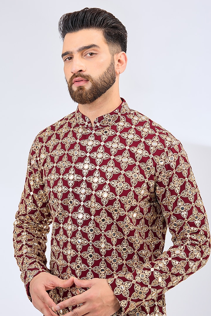 Maroon Georgette Mirror Embroidered Kurta by Kasbah Clothing at Pernia's Pop Up Shop