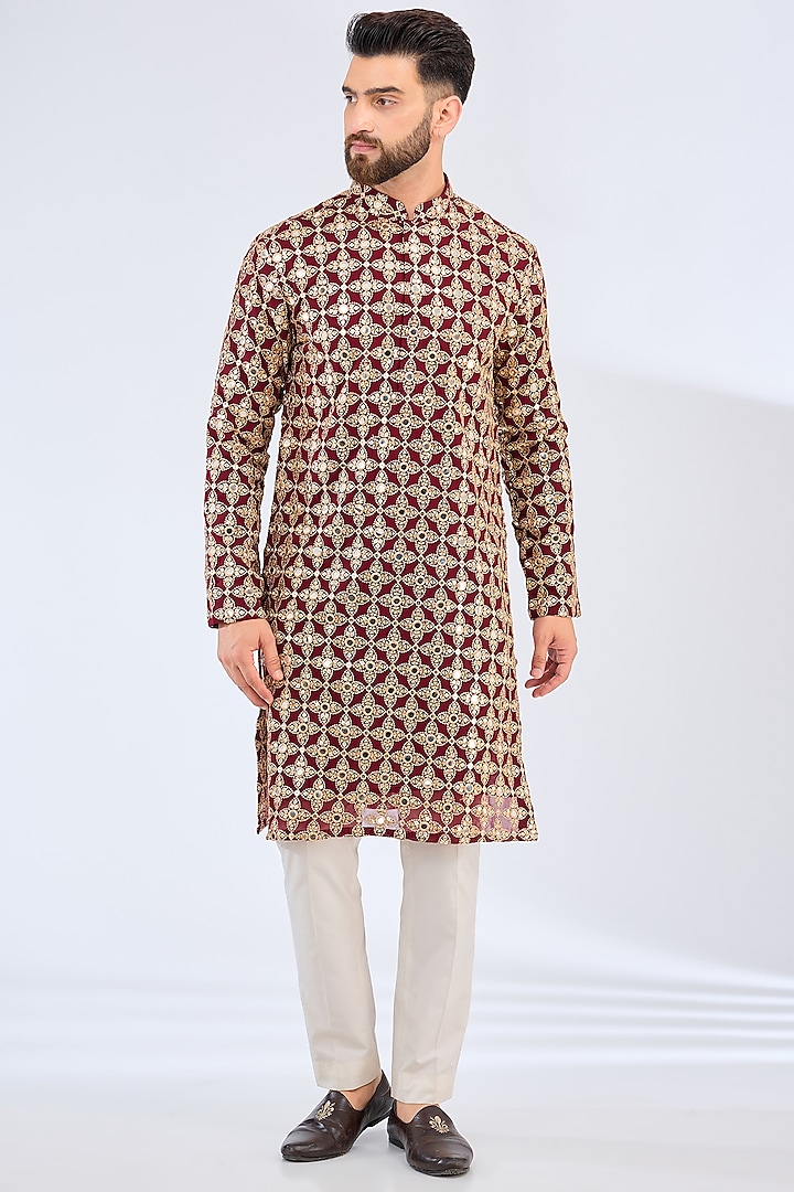 Maroon Georgette Mirror Embroidered Kurta by Kasbah Clothing at Pernia's Pop Up Shop