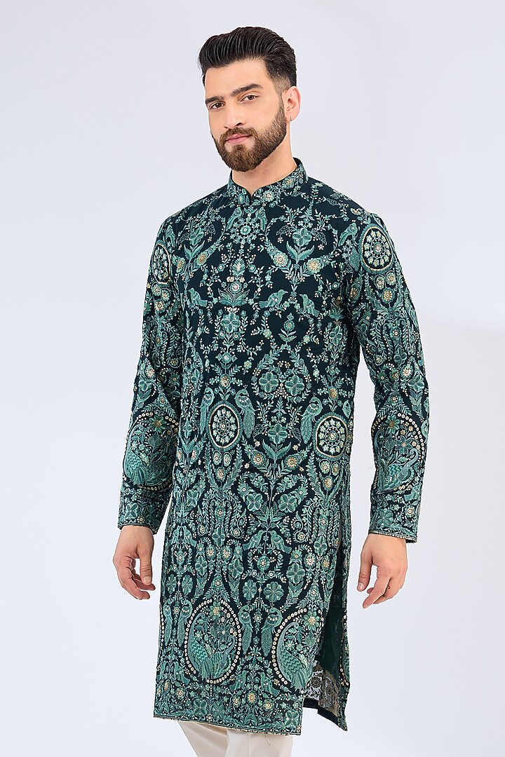 Bottle Green Georgette Sequins Embroidered Kurta by Kasbah Clothing at Pernia's Pop Up Shop