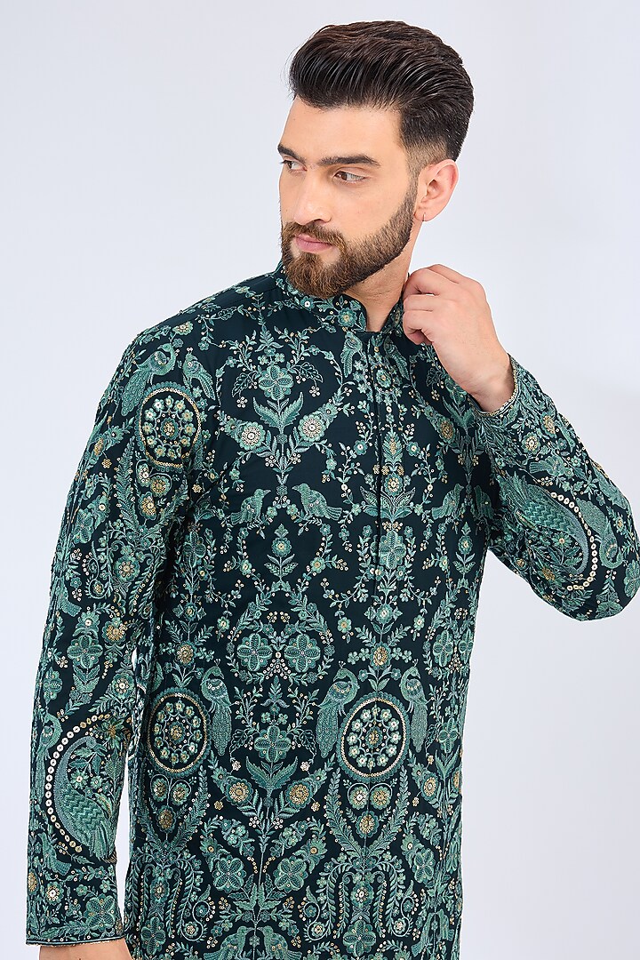 Bottle Green Georgette Sequins Embroidered Kurta by Kasbah Clothing at Pernia's Pop Up Shop