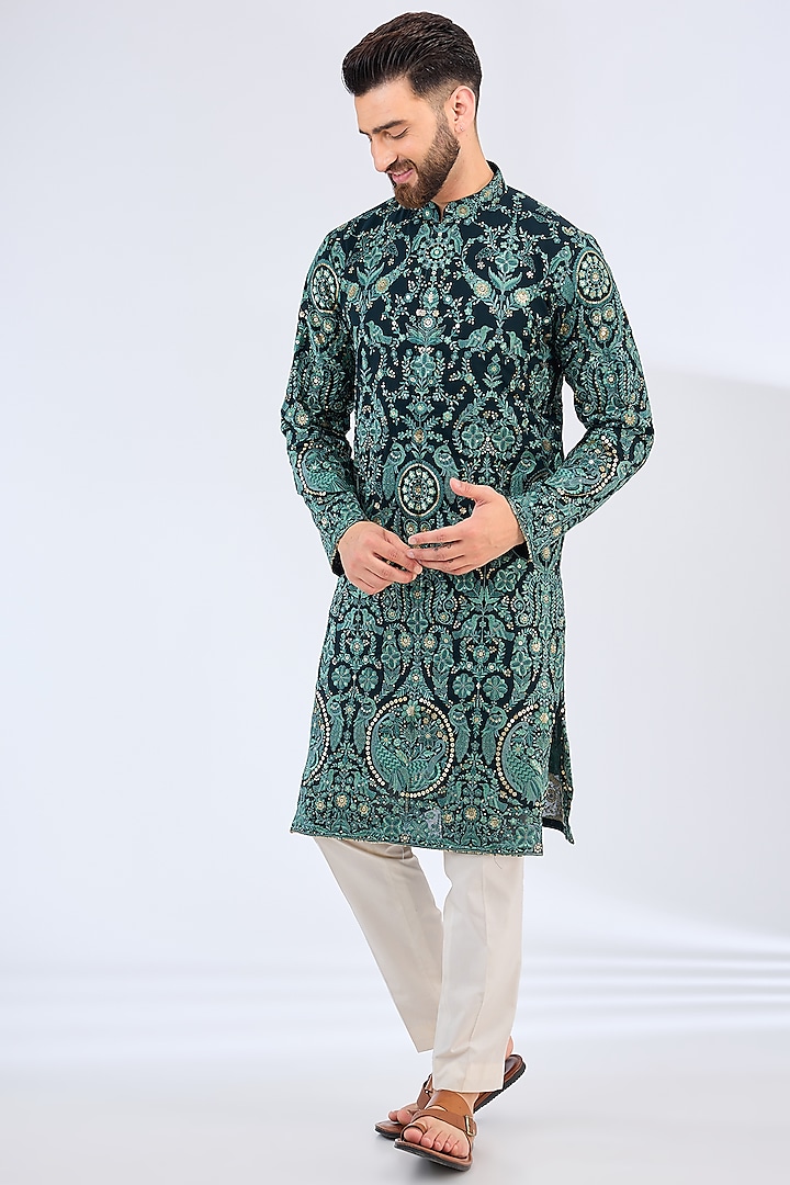 Bottle Green Georgette Sequins Embroidered Kurta by Kasbah Clothing at Pernia's Pop Up Shop