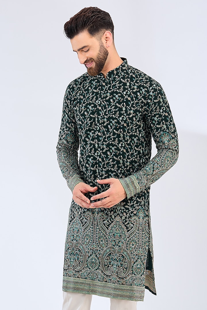 Green Georgette Thread Work Kurta by Kasbah Clothing at Pernia's Pop Up Shop