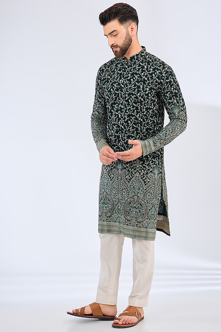 Green Georgette Thread Work Kurta by Kasbah Clothing at Pernia's Pop Up Shop