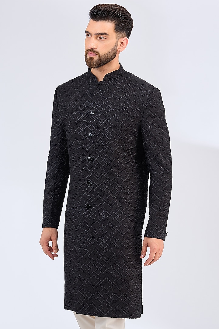 Black Silk Thread Embroidered Wedding Sherwani by Kasbah Clothing at Pernia's Pop Up Shop