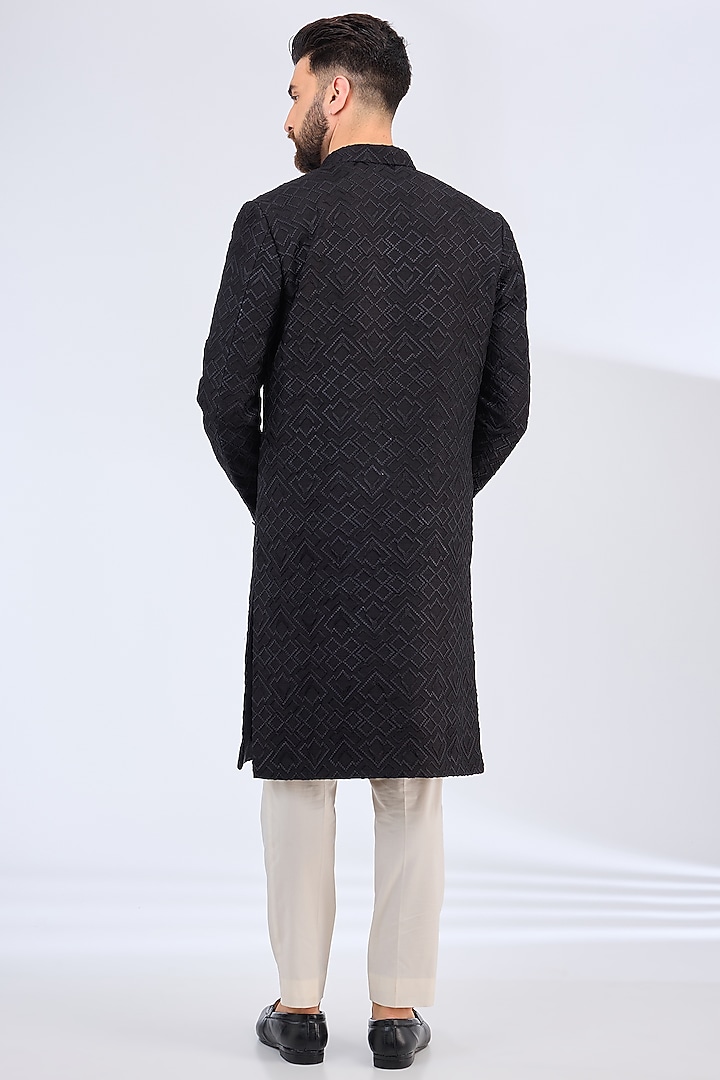 Black Silk Thread Embroidered Wedding Sherwani by Kasbah Clothing at Pernia's Pop Up Shop