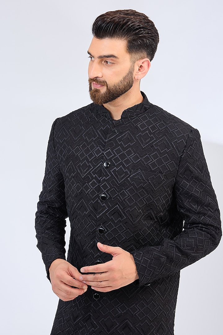 Black Silk Thread Embroidered Wedding Sherwani by Kasbah Clothing at Pernia's Pop Up Shop