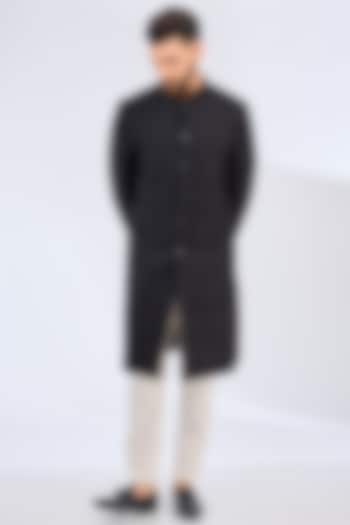 Black Silk Thread Embroidered Sherwani by Kasbah Clothing