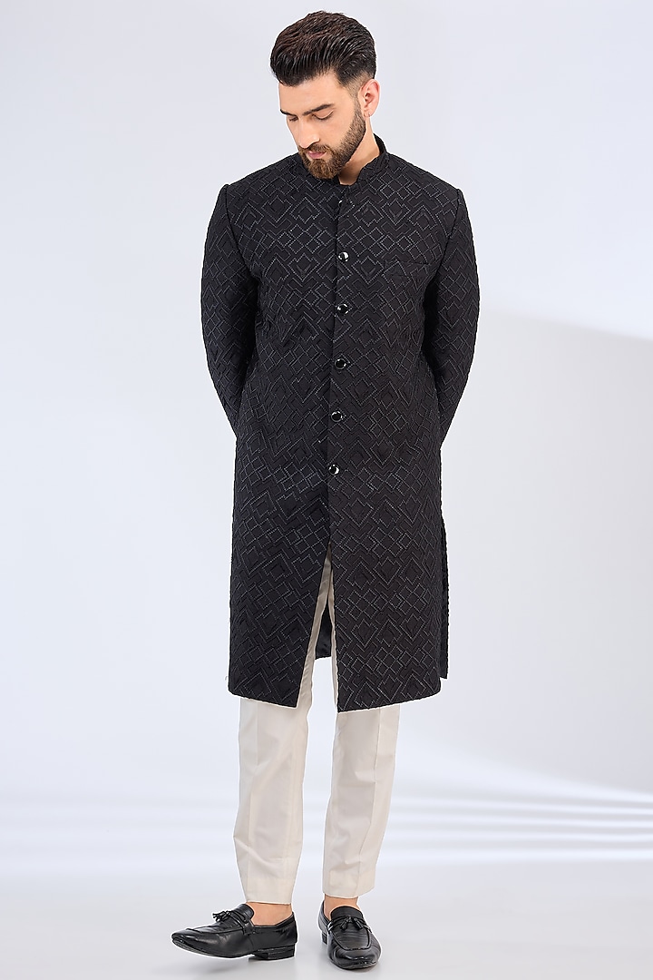 Black Silk Thread Embroidered Sherwani by Kasbah Clothing