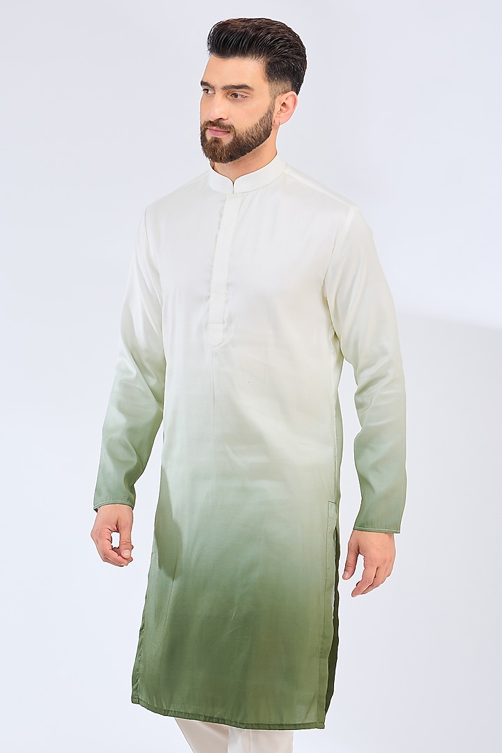 White & Sage Green Poly Silk Ombre Kurta by Kasbah Clothing at Pernia's Pop Up Shop