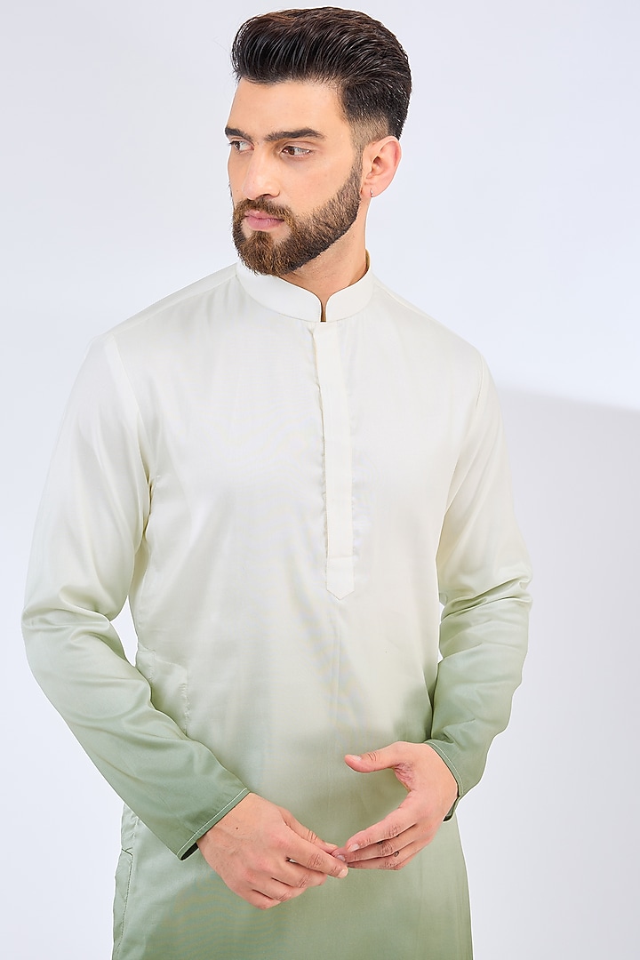 White & Sage Green Poly Silk Ombre Kurta by Kasbah Clothing at Pernia's Pop Up Shop