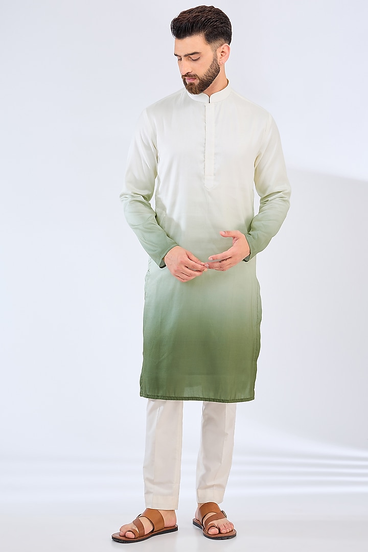 White & Sage Green Poly Silk Ombre Kurta by Kasbah Clothing at Pernia's Pop Up Shop