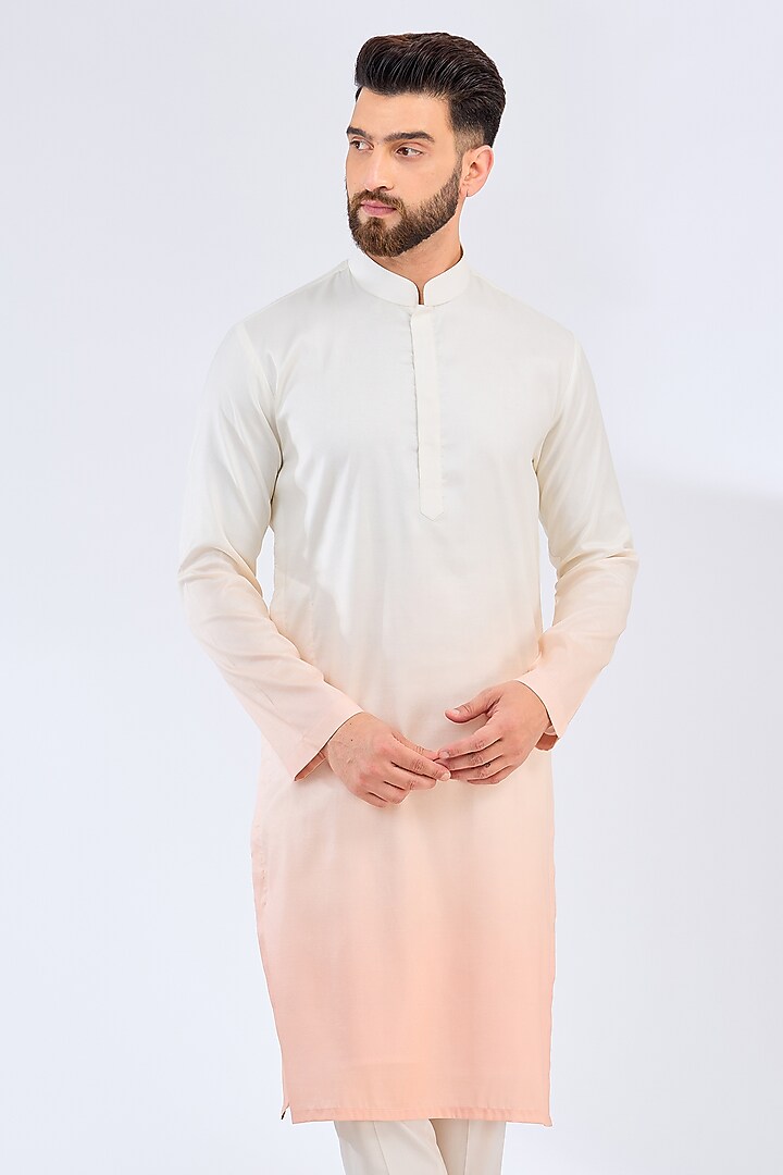 White & Peach Poly Silk Ombre Kurta by Kasbah Clothing at Pernia's Pop Up Shop