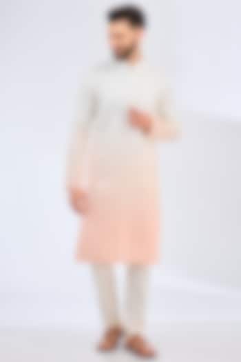 White & Peach Poly Silk Ombre Kurta by Kasbah Clothing at Pernia's Pop Up Shop