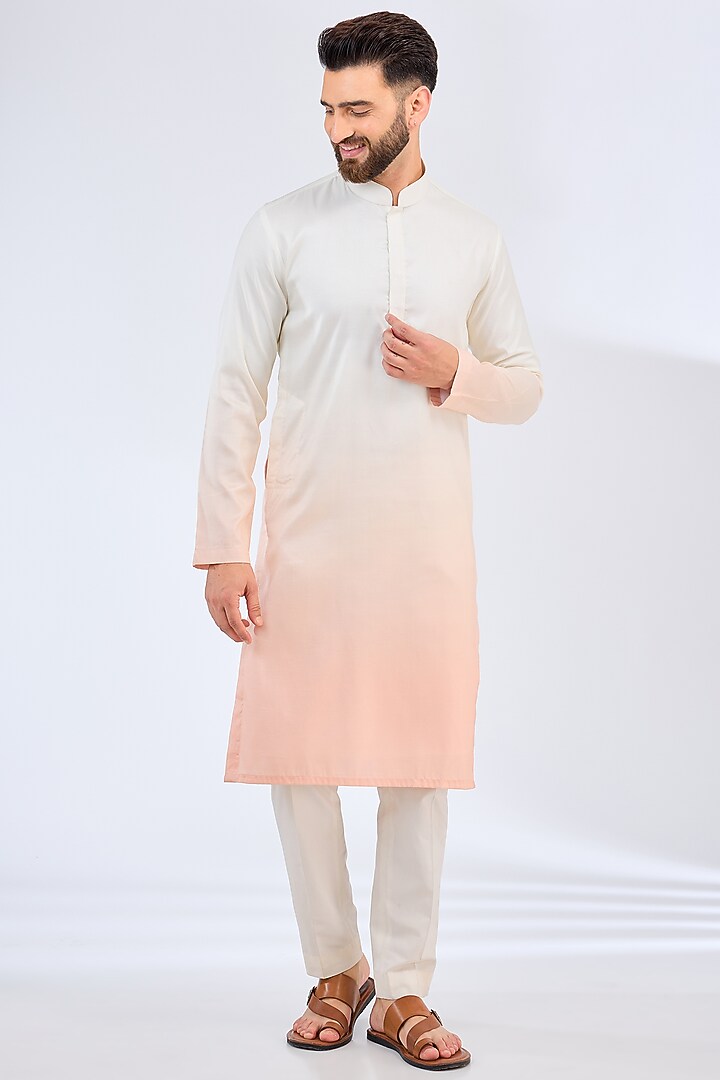 White & Peach Poly Silk Ombre Kurta by Kasbah Clothing at Pernia's Pop Up Shop