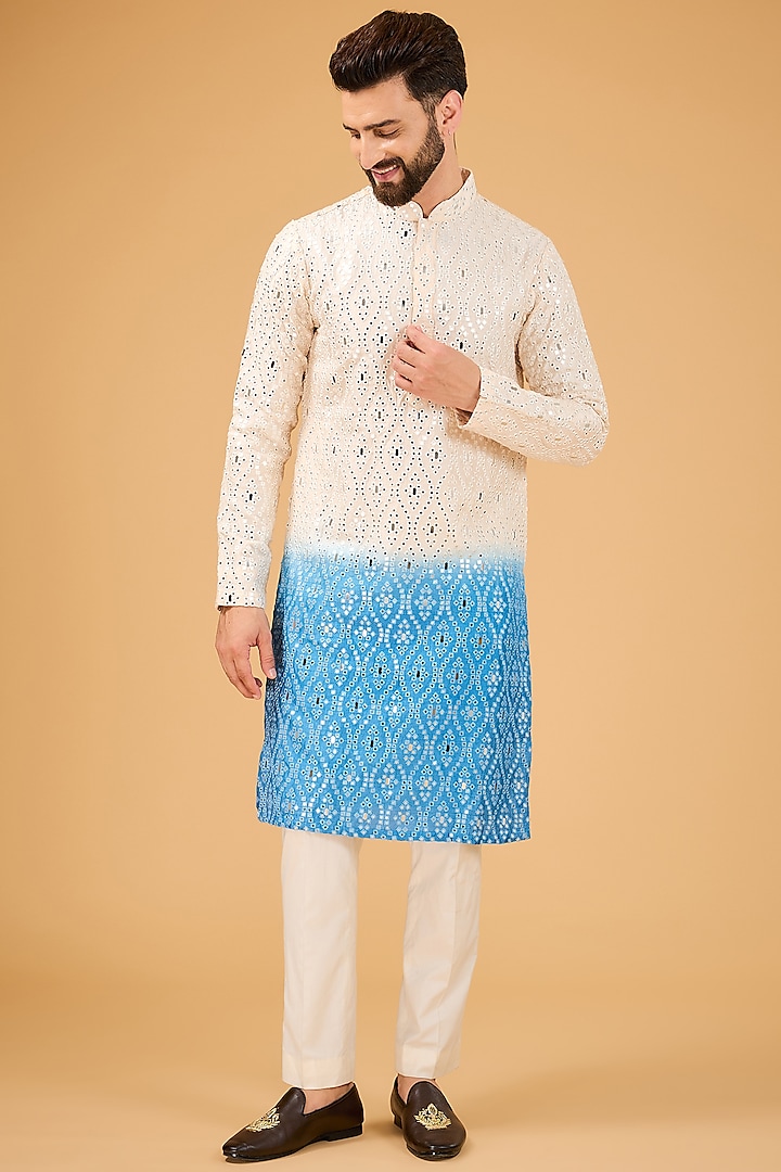 Cream-Blue Ombre Silk Mirror Work Kurta by Kasbah Clothing at Pernia's Pop Up Shop