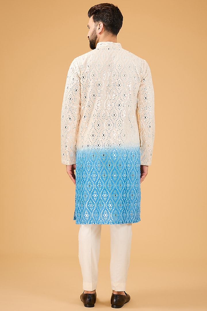 Cream-Blue Ombre Silk Mirror Work Kurta by Kasbah Clothing at Pernia's Pop Up Shop