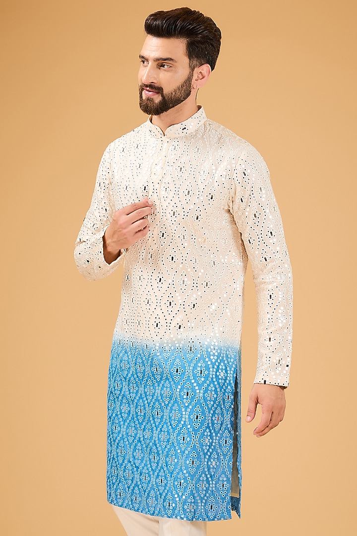 Cream-Blue Ombre Silk Mirror Work Kurta by Kasbah Clothing at Pernia's Pop Up Shop