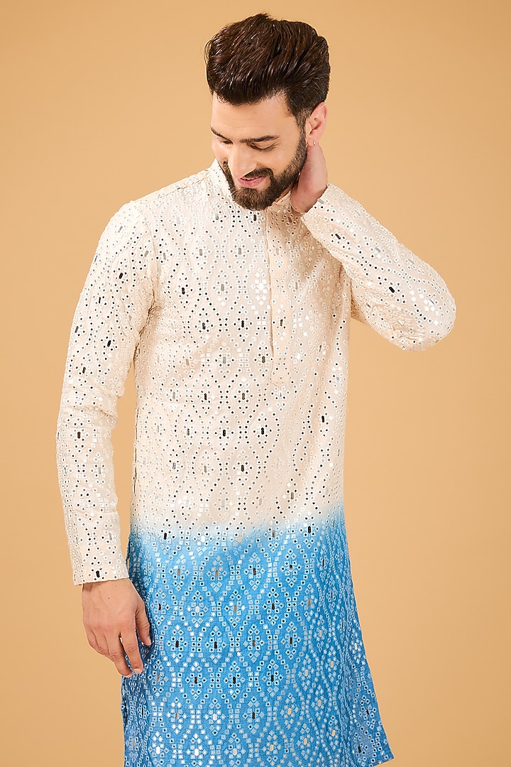 Cream-Blue Ombre Silk Mirror Work Kurta by Kasbah Clothing at Pernia's Pop Up Shop