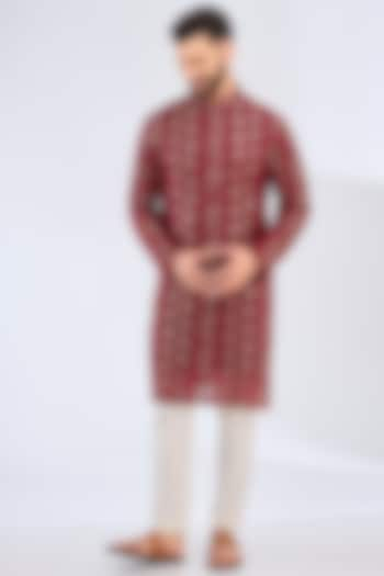 Maroon-Red Georgette Chikankari Embroidered Kurta by Kasbah Clothing at Pernia's Pop Up Shop