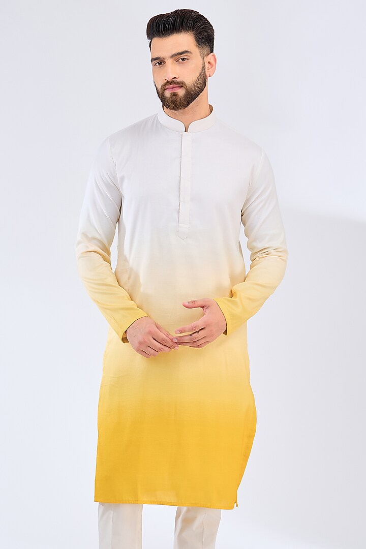 White & Yellow Poly Silk Ombre Kurta by Kasbah Clothing at Pernia's Pop Up Shop