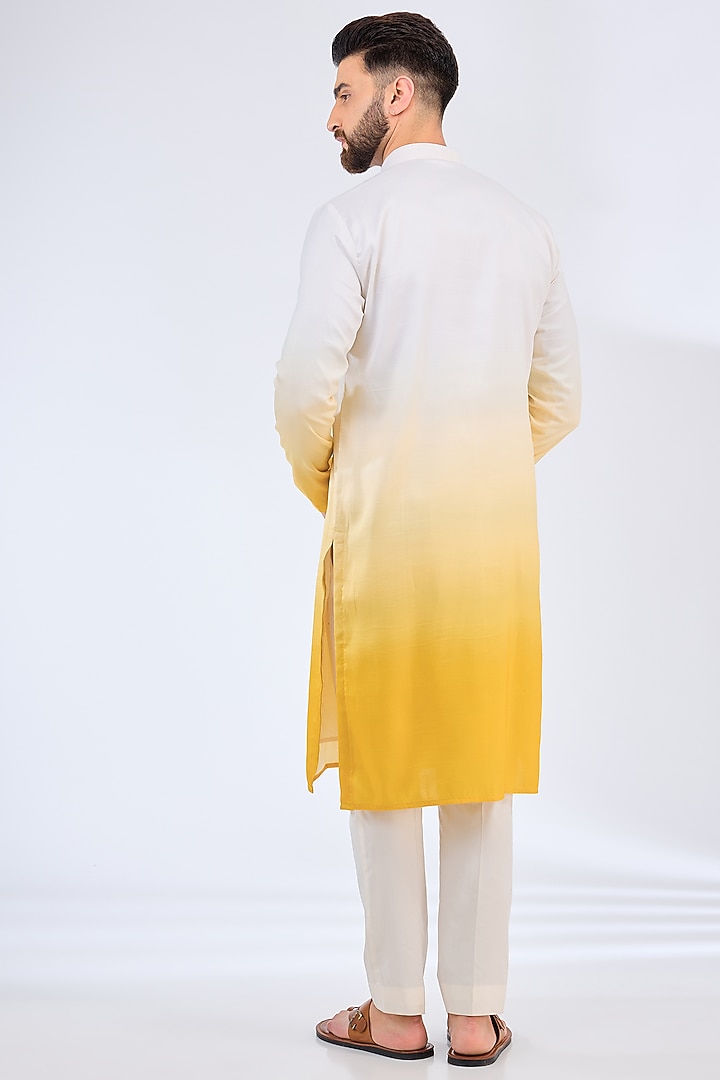 White & Yellow Poly Silk Ombre Kurta by Kasbah Clothing at Pernia's Pop Up Shop