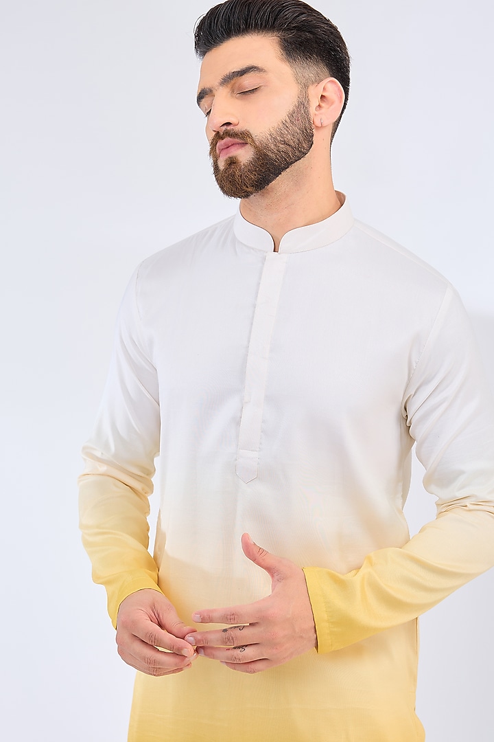 White & Yellow Poly Silk Ombre Kurta by Kasbah Clothing at Pernia's Pop Up Shop