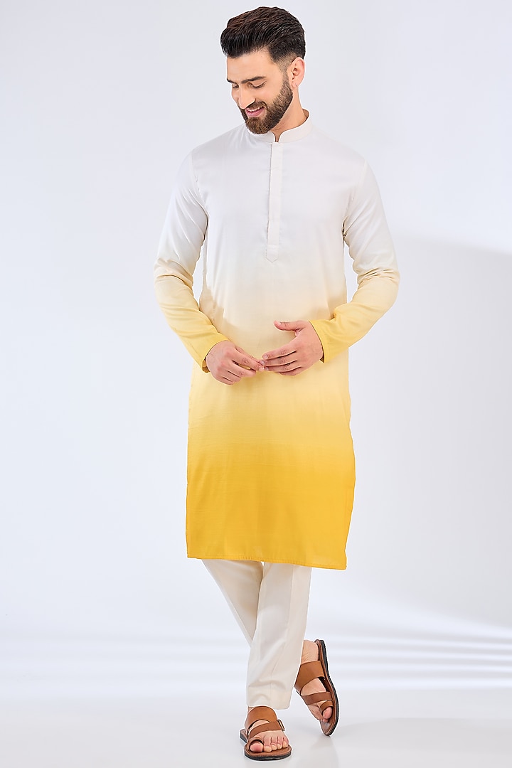 White & Yellow Poly Silk Ombre Kurta by Kasbah Clothing at Pernia's Pop Up Shop