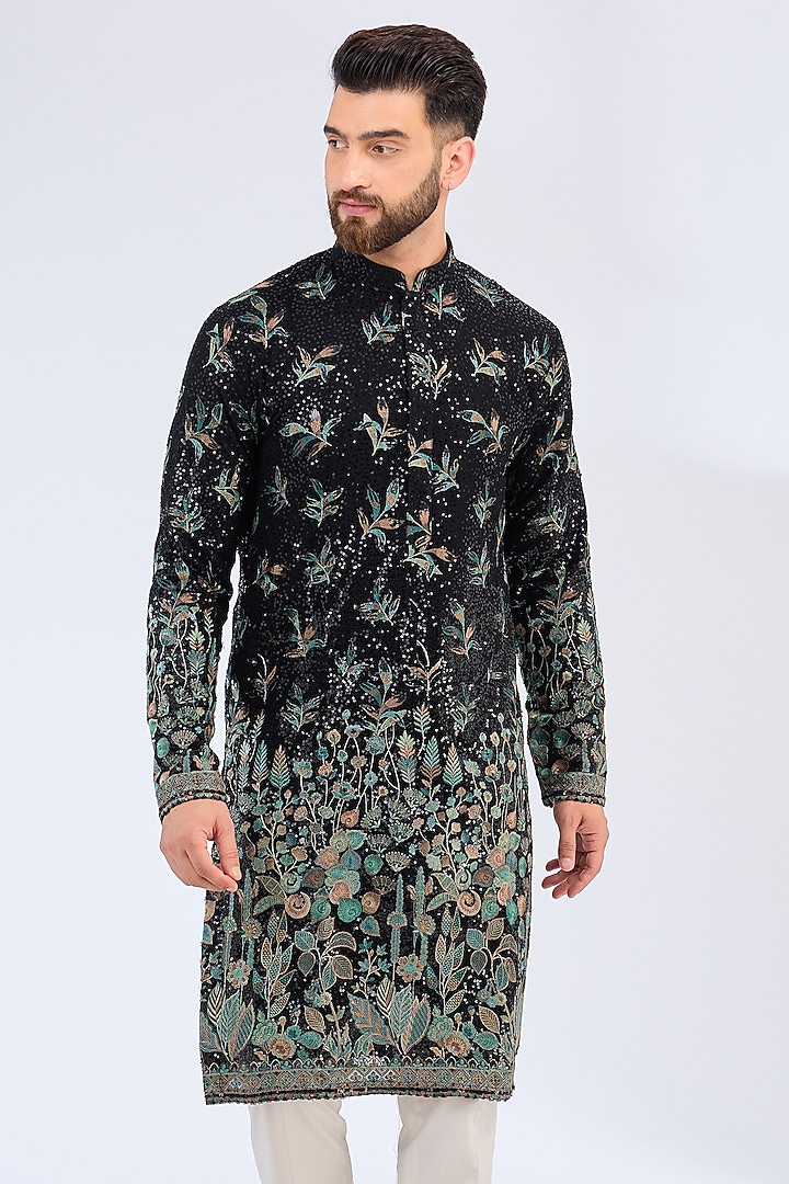 Black Georgette Floral Embroidered Kurta by Kasbah Clothing at Pernia's Pop Up Shop