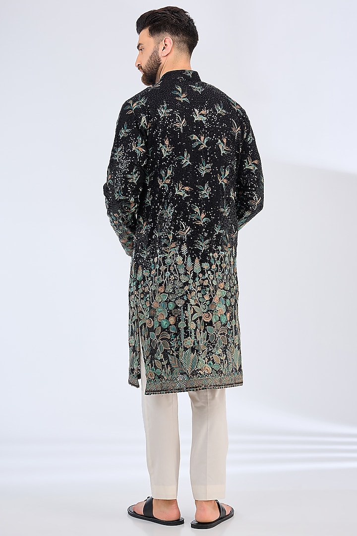 Black Georgette Floral Embroidered Kurta by Kasbah Clothing at Pernia's Pop Up Shop