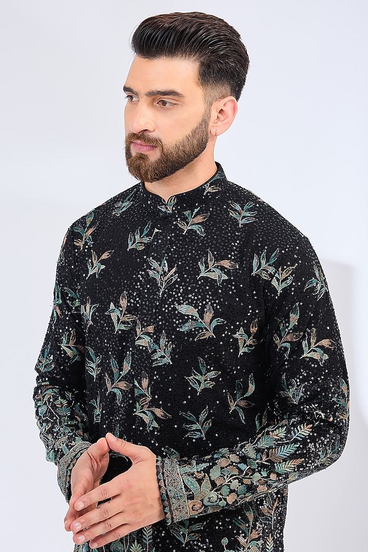 Black Georgette Floral Embroidered Kurta by Kasbah Clothing at Pernia's Pop Up Shop