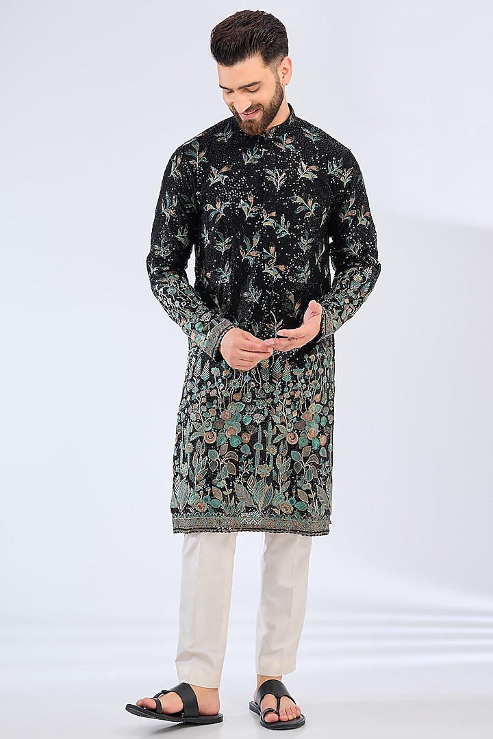 Black Georgette Floral Embroidered Kurta by Kasbah Clothing