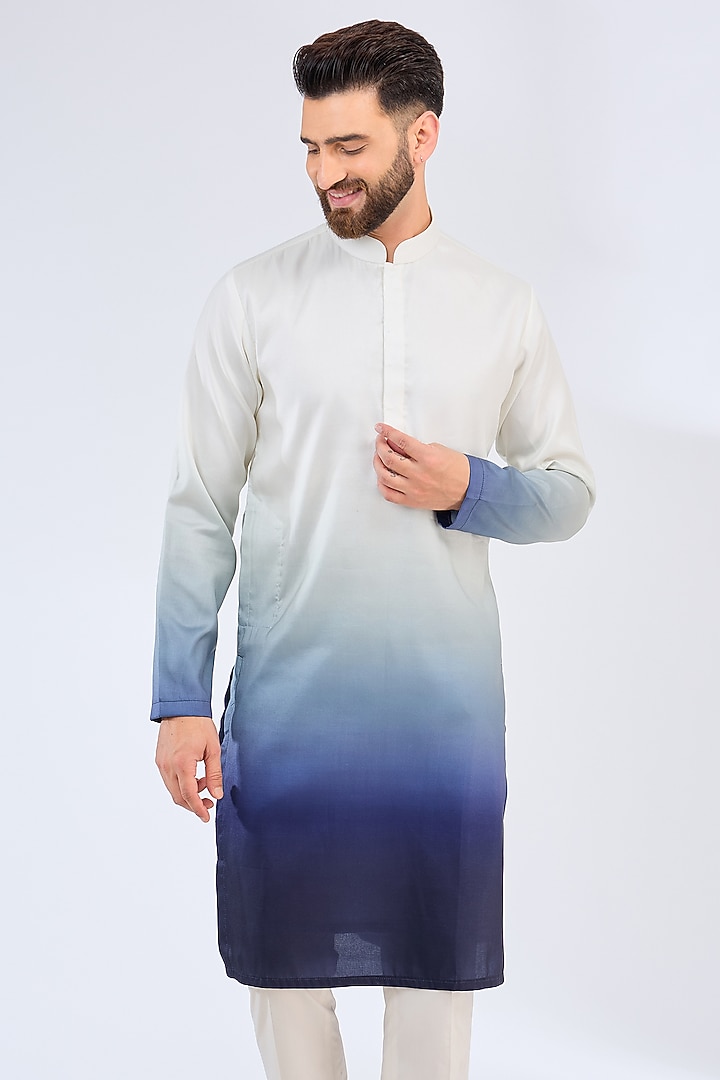 White & Blue Poly Silk Ombre Kurta by Kasbah Clothing at Pernia's Pop Up Shop