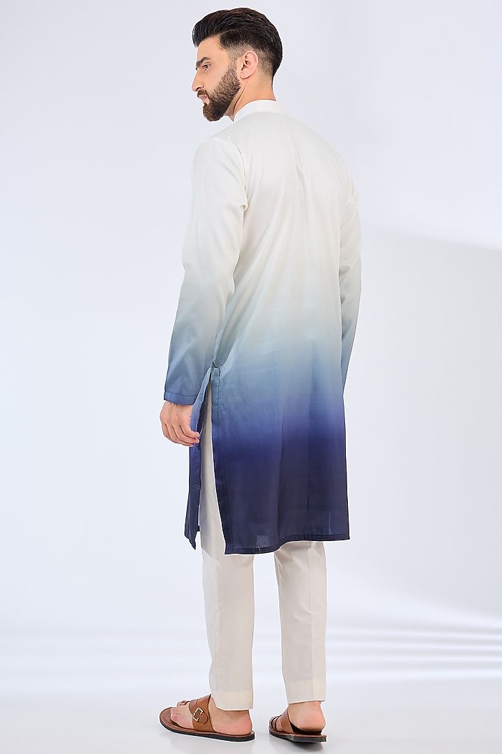 White & Blue Poly Silk Ombre Kurta by Kasbah Clothing at Pernia's Pop Up Shop